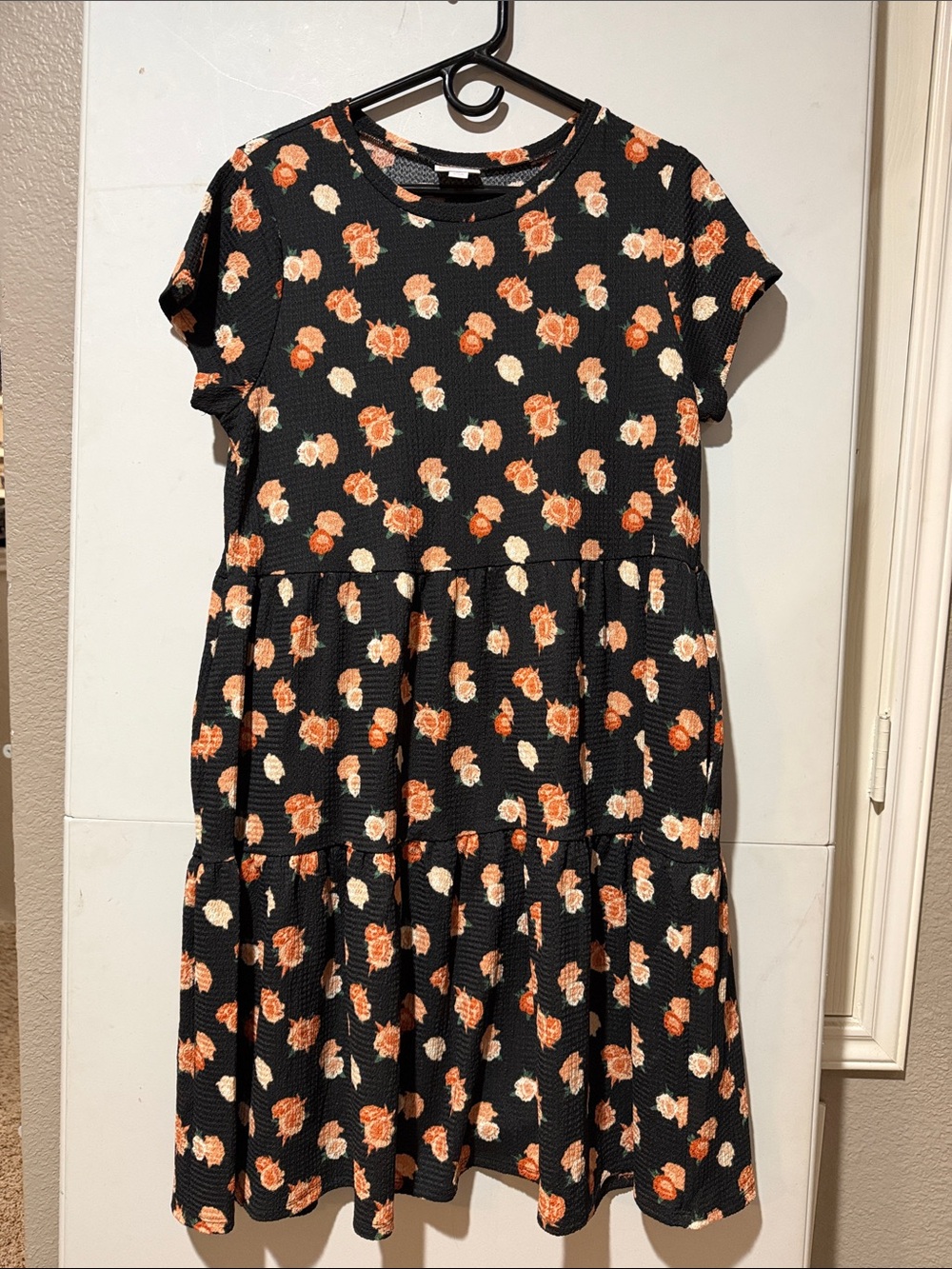 LuLaRoe Ariel Black waffle crepe Dress with Peach and Cream Roses